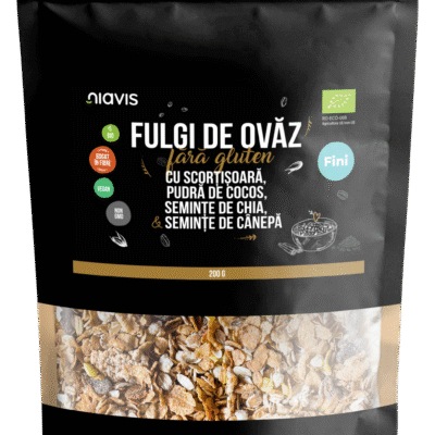 Fulgi de ovăz fini fără gluten cu scorțișoară, pudră de cocos, chia și semințe de cânepă Ecologici/Bio, 200g, Niavis