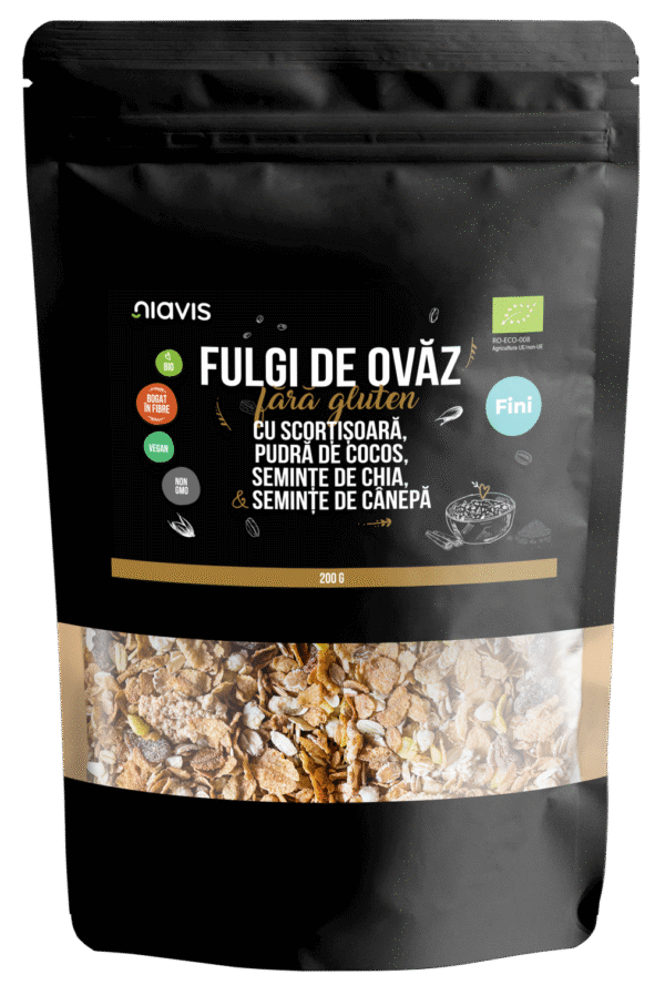 Fulgi de ovăz fini fără gluten cu scorțișoară, pudră de cocos, chia și semințe de cânepă Ecologici/Bio, 200g, Niavis