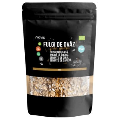 Fulgi de ovăz fini fără gluten cu scorțișoară, pudră de cocos, chia și semințe de cânepă Ecologici/Bio, 200g – Niavis
