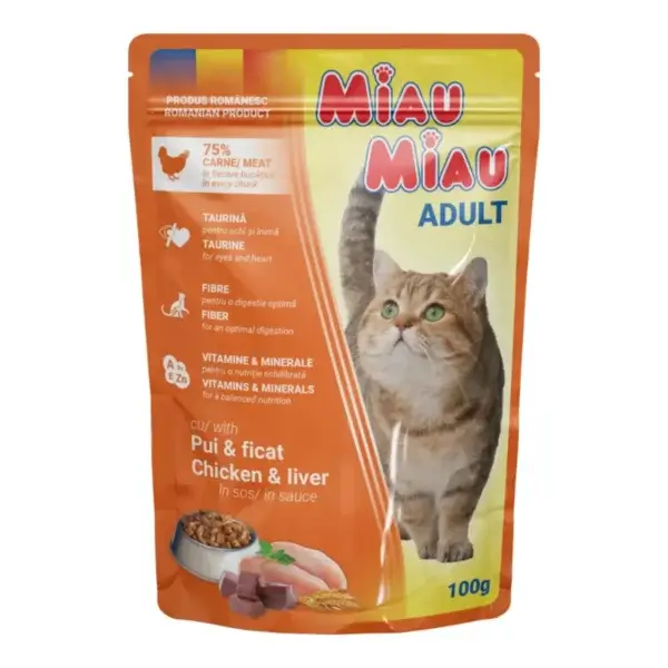 Hrană umedă pisică MIAU MIAU, Adult, Pui și Ficat în sos, 100g