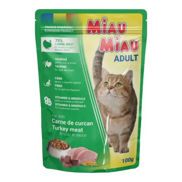 Hrană umedă pisică MIAU MIAU, Adult, Curcan în sos, 100g
