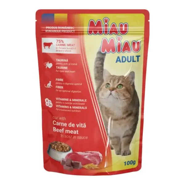 Hrană umedă pisică MIAU MIAU, Adult, Vită în sos, 100g