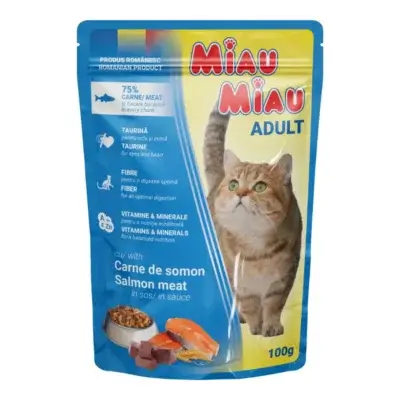 Hrană umedă pisică MIAU MIAU, Adult, Somon în sos, 100g
