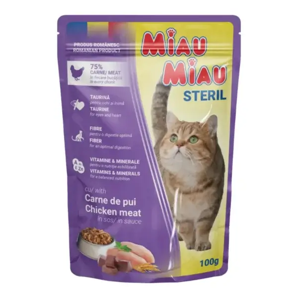 Hrană umedă pisică MIAU MIAU, Adult, Sterilizată, Pui în sos, 100g