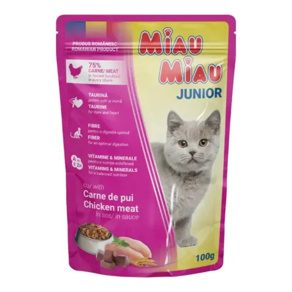 Hrană umedă pisică MIAU MIAU, Junior, Pui în sos, 100g