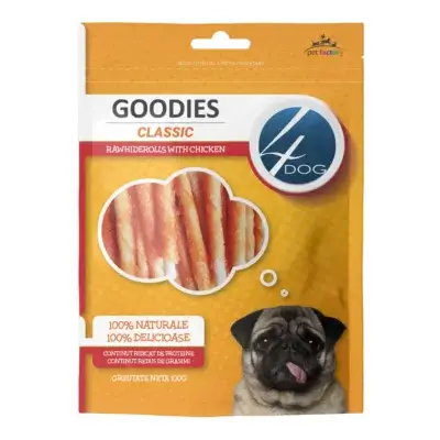 Recompense pentru câini Adult, 4DOG GOODIES Classic, Piele Presată și Pui, 100g