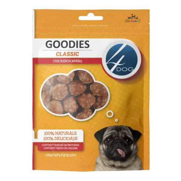 Recompense pentru câini Adult, 4DOG GOODIES Classic, Poppers cu Pui, 100g