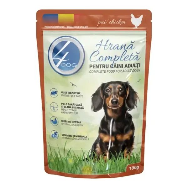 Hrană umedă câini Adult, 4DOG, Pui în sos, 100g