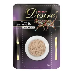 Hrană umedă pisică DESIRE Plic, Adult, Ton File și Creveți în Supă, 70g