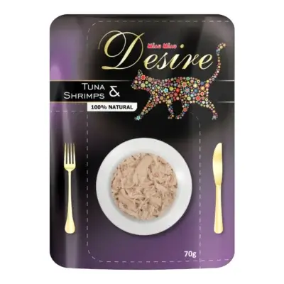 Hrană umedă pisică DESIRE Plic, Adult, Ton File și Creveți în Supă, 70g