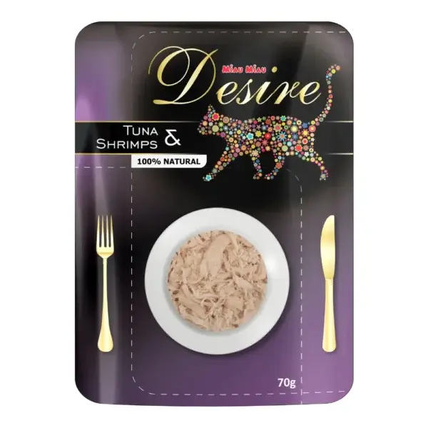 Hrană umedă pisică DESIRE Plic, Adult, Ton File și Creveți în Supă, 70g