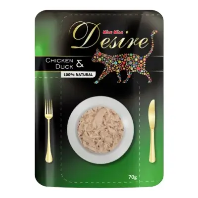 Hrană umedă pisica DESIRE Plic, Adult, Pui File și Rață în Supă, 70g