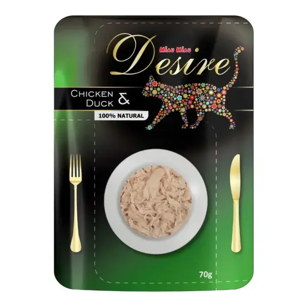 Hrană umedă pisica DESIRE Plic, Adult, Pui File și Rață în Supă, 70g