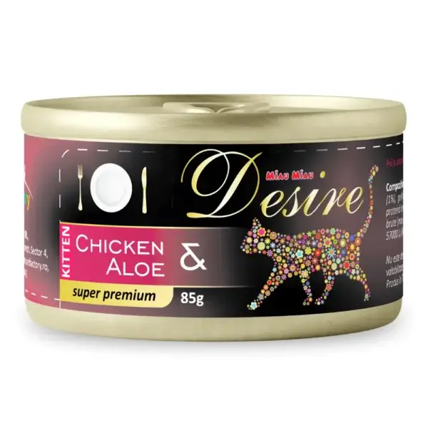 Hrană umedă DESIRE Conservă, pisică Junior, Pui File și Aloe în Gelatină, 85g