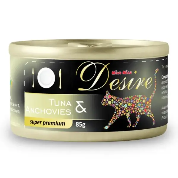 Hrană umedă DESIRE Conserva, pisică Adult, Ton File și Anșoa în Gelatină, 85g