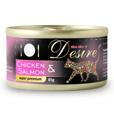 Hrană umedă DESIRE Conservă, pisică Adult, Pui File și Somon în Gelatină, 85g