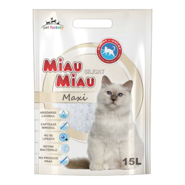 Nisip litieră MIAU MIAU Silicat Maxi, 15L