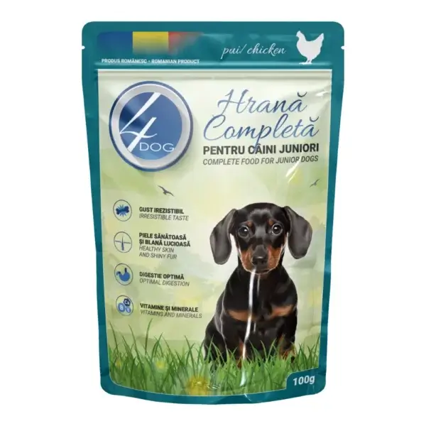 Hrană umedă câini Junior, 4DOG, Pui în sos, 100g