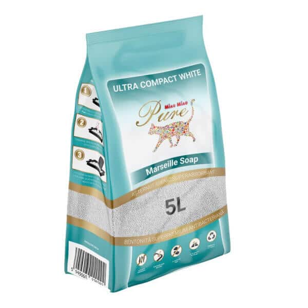 Nisip litieră MIAU MIAU Pure Bentonită, Marseille Soap, 5L