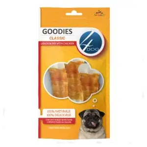 Recompense pentru câini Adult, 4DOG GOODIES Classic, Os Mare, Piele Presată și Pui, 120g
