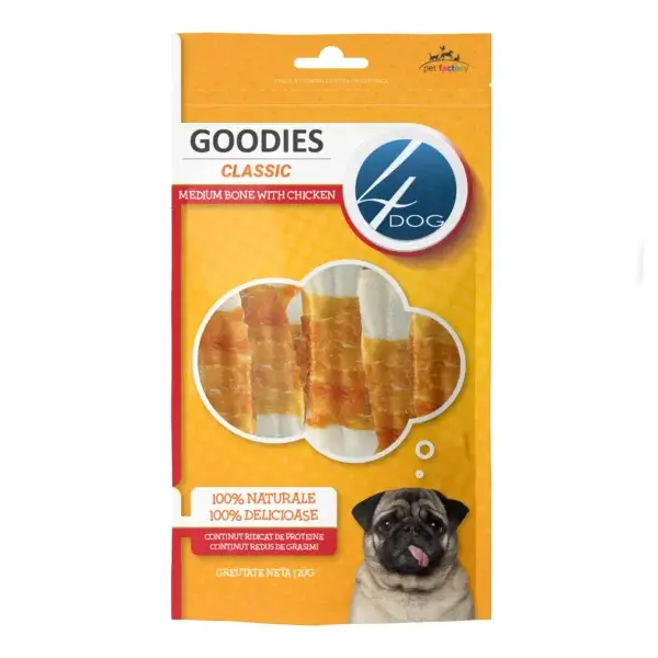 Recompense pentru câini Adult, 4DOG GOODIES Classic, Os Mediu, Piele Presată și Pui, 120g