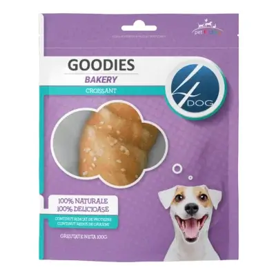 Recompense pentru câini Adult, 4DOG GOODIES Bakery, Croissant, Piele Presată și Pui, 100g
