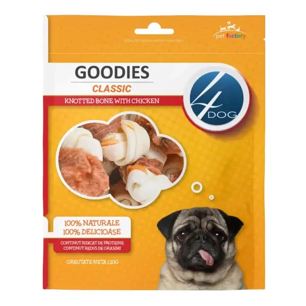 Recompense pentru câini Adult, 4DOG GOODIES Classic, Os Înnodat, Piele Presată și Pui, 120g