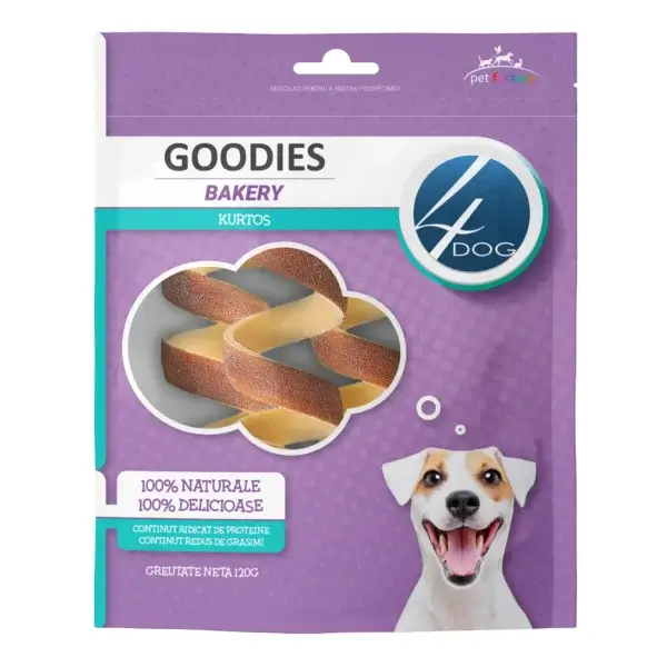 Recompense pentru câini Adult, 4DOG GOODIES Bakery, Kurtos, Piele Presată și Pui, 120g