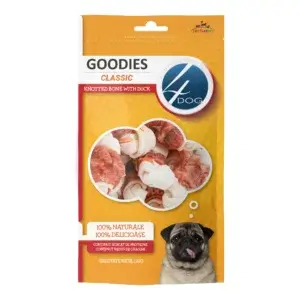 Recompense pentru câini Adult, 4DOG GOODIES Classic, Os Înnodat, Piele Presată și Rață, 120g