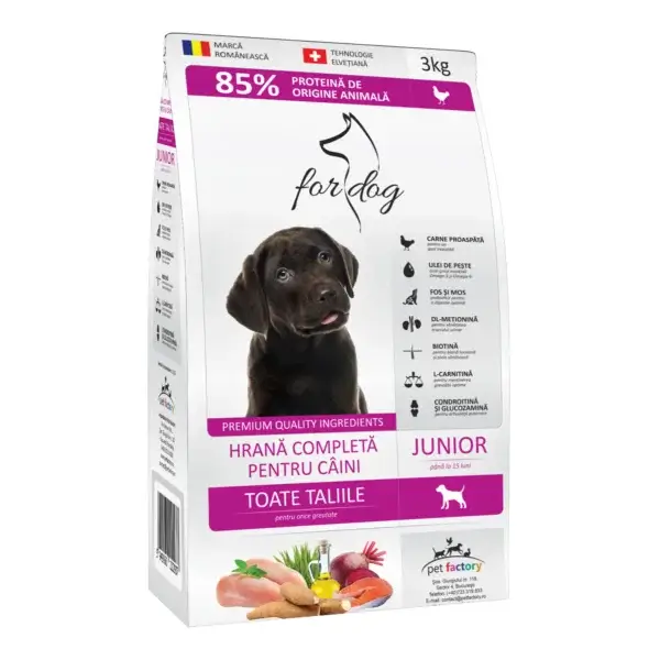 Hrană uscată câini FOR DOG Junior, Pasăre, 3kg