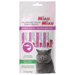 Creamy Snacks MIAU MIAU, pisică adult, Somon și Rață, 4x15g