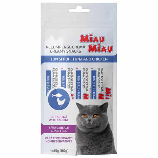 Creamy Snacks MIAU MIAU, pisică adult, Ton și Pui, 4x15g