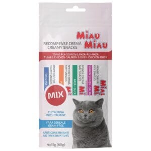 Creamy Snacks Mix MIAU MIAU, pisică adult, Somon, Rață, Ton și Pui, 4x15g