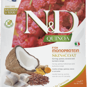 Hrană uscată câini ND Quinoa Piele și Blană, Adult, Talie Medie Mare, Hering și Cocos, 2.5kg