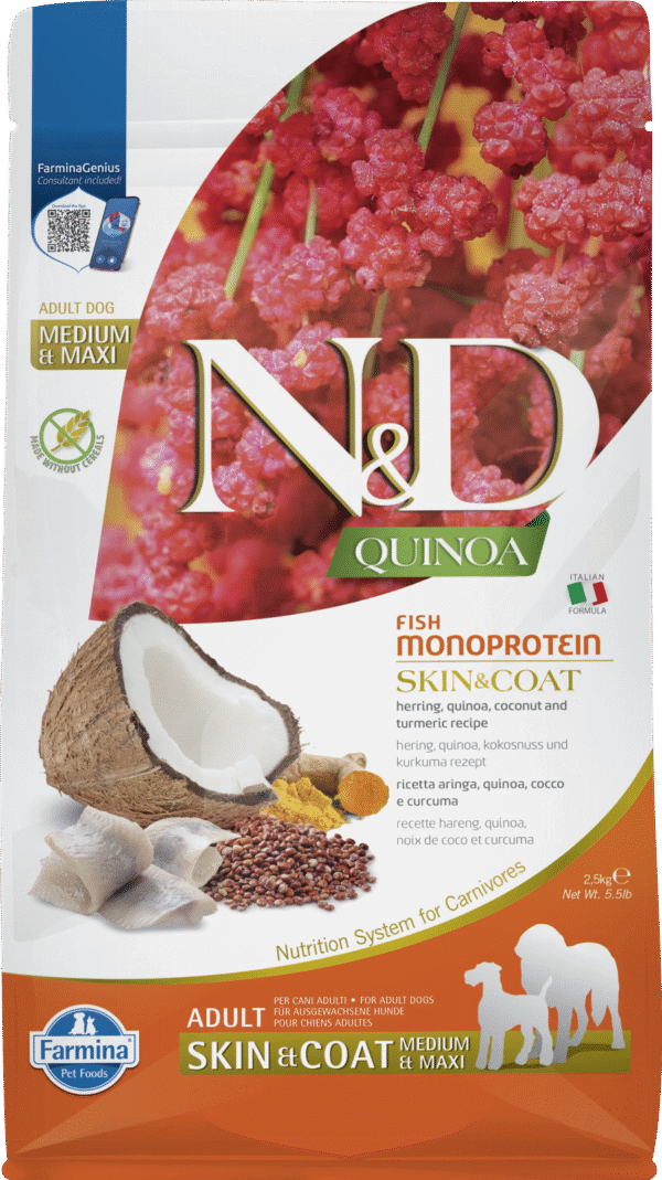 Hrană uscată câini ND Quinoa Piele și Blană, Adult, Talie Medie Mare, Hering și Cocos, 2.5kg