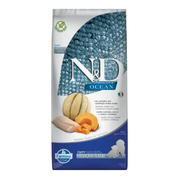 Hrană uscată câini ND Ocean, Junior, Talie Medie Mare, Cod, Dovleac si Pepene Galben, 12kg