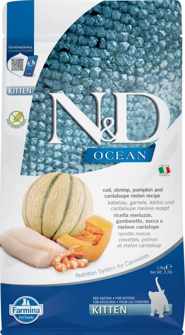 Hrană uscată pisici ND Ocean, Junior, Cod, Crevete, Dovleac și Pepene Galben, 1.5kg