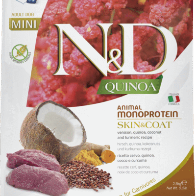 Hrană uscată câini ND Quinoa Piele și Blană, Adult, Talie Mică, Vânat si Cocos, 2.5kg