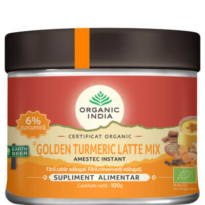Golden Turmeric Latte Mix, Amestec Instant cu 6% Curcumină Organică, 100g, Organic India