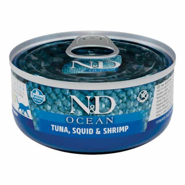 Hrană umedă pisică ND Ocean, Adult, Ton, Calamar Creveți, 70g