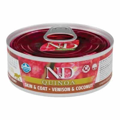 Hrană umedă pisică ND Quinoa Piele și Blană, Adult, Vânat și Cocos, 80g