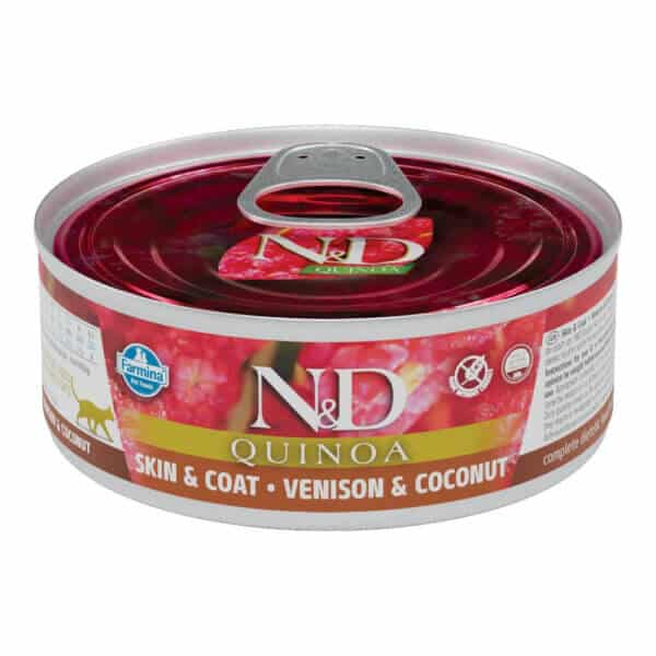 Hrană umedă pisică ND Quinoa Piele și Blană, Adult, Vânat și Cocos, 80g