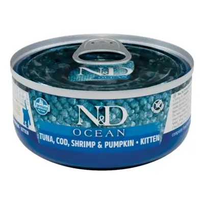 Hrană umedă pisică ND Ocean, Junior, Cod, Crevete si Dovleac, 70g