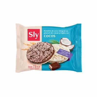 Rondele din orez cu cocos și glazură de cacao și lapte (fără zahăr adăugat), 32g, Sly Nutritia