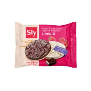 Rondele din orez integral cu glazură de cacao și zmeură (fără zahăr adăugat), 31 g, Sly Nutritia