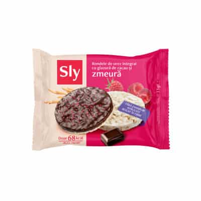 Rondele din orez integral cu glazură de cacao și zmeură (fără zahăr adăugat), 31 g, Sly Nutritia