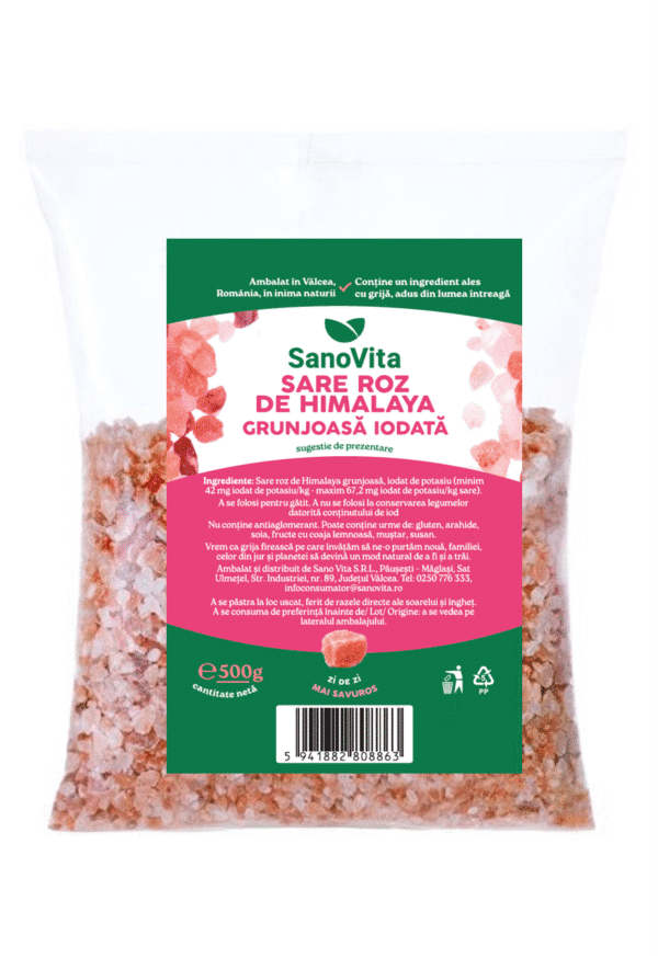 Sare roz de Himalaya grunjoasă iodată, 500 g, Sanovita