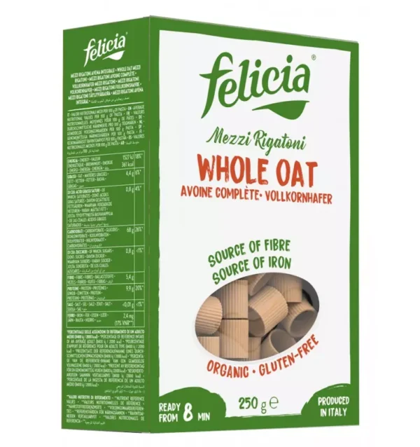 Mezzi Rigatoni bio din făină integrală de ovăz, 250g, Felicia