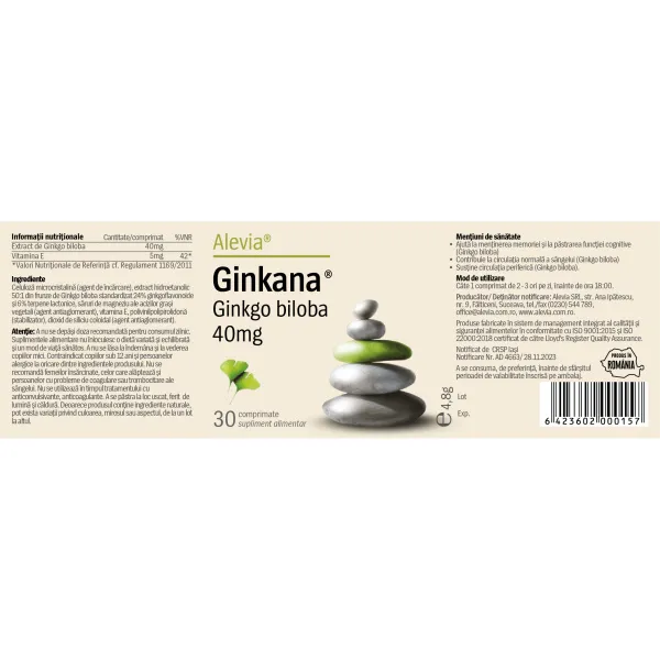 Ginkana Ginkgo Biloba 40mg Pachet, 30 + 30 comprimate, Alevia