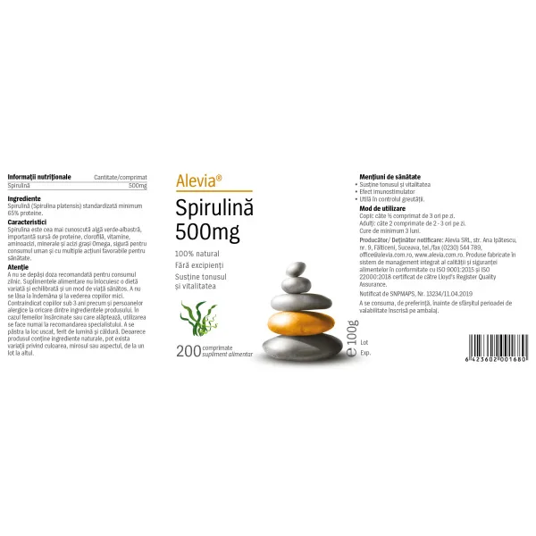 6423602001680-1 Spirulina 500mg, 200 comprimate, Alevia